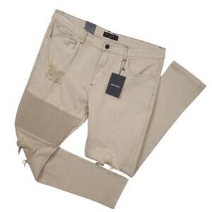 Saint Morta Men's Index Distressed Biker Jeans Sz 38x33 Moto Ripped Beige NWT